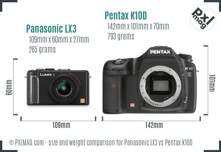 Panasonic LX3 vs Pentax K10D size comparison
