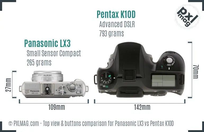 Panasonic LX3 vs Pentax K10D top view buttons comparison
