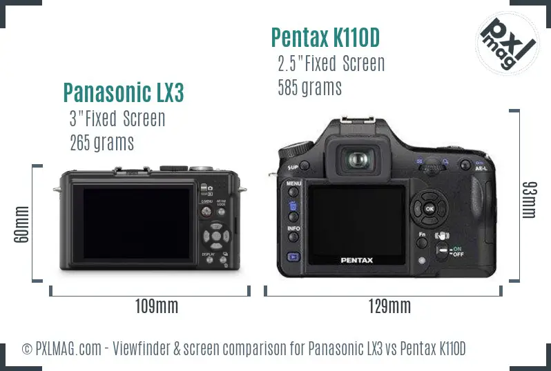 Panasonic LX3 vs Pentax K110D Screen and Viewfinder comparison