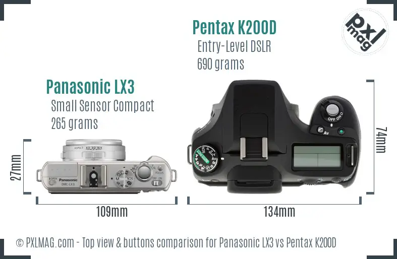Panasonic LX3 vs Pentax K200D top view buttons comparison