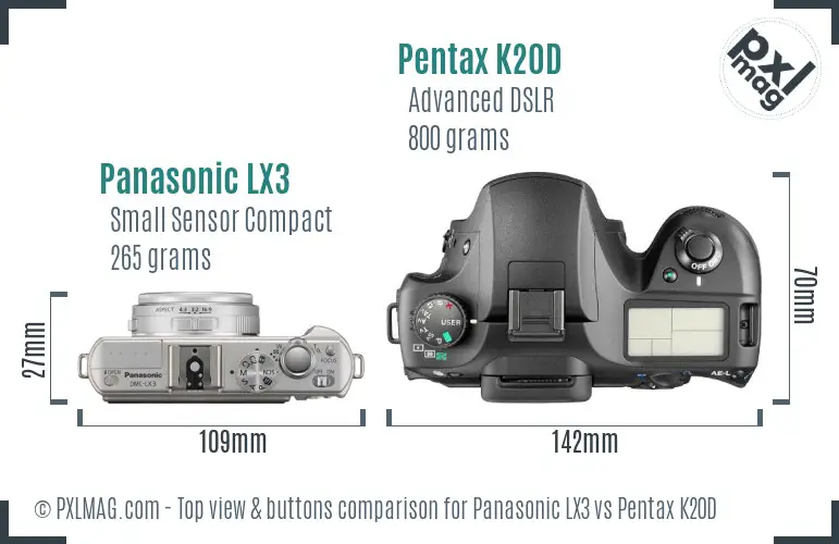 Panasonic LX3 vs Pentax K20D top view buttons comparison