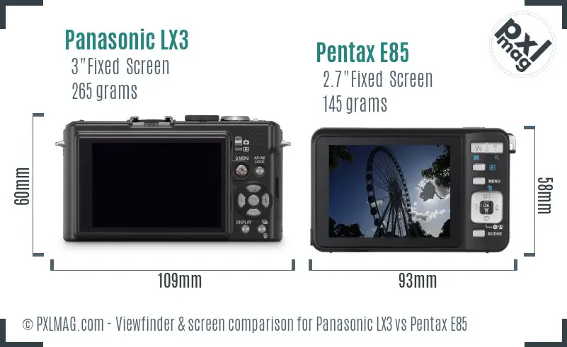 Panasonic LX3 vs Pentax E85 Screen and Viewfinder comparison