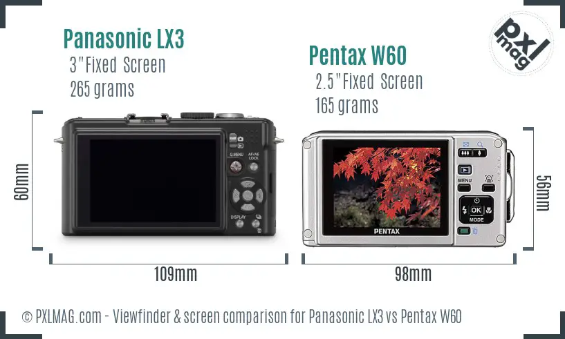 Panasonic LX3 vs Pentax W60 Screen and Viewfinder comparison