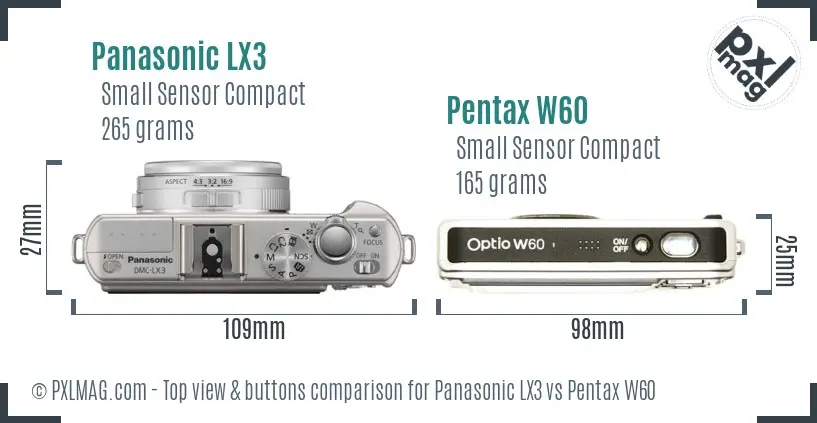 Panasonic LX3 vs Pentax W60 top view buttons comparison