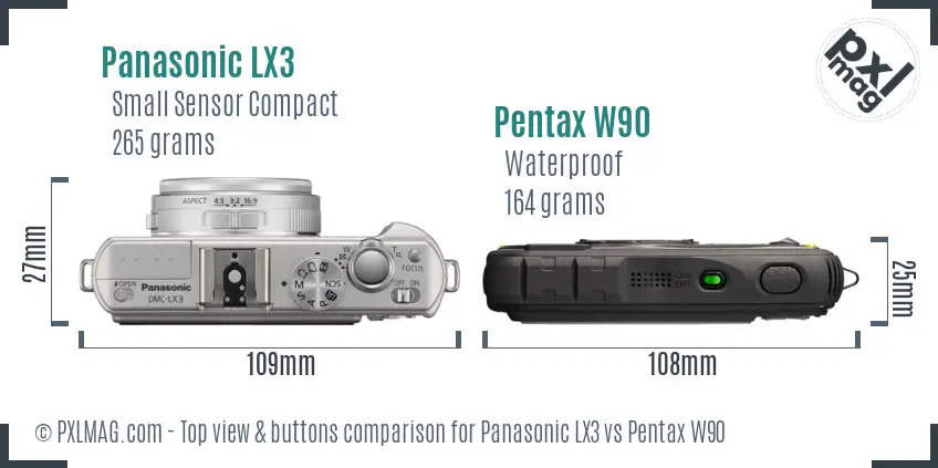 Panasonic LX3 vs Pentax W90 top view buttons comparison