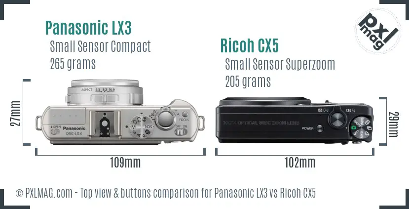 Panasonic LX3 vs Ricoh CX5 top view buttons comparison