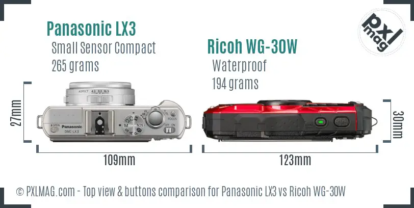 Panasonic LX3 vs Ricoh WG-30W top view buttons comparison