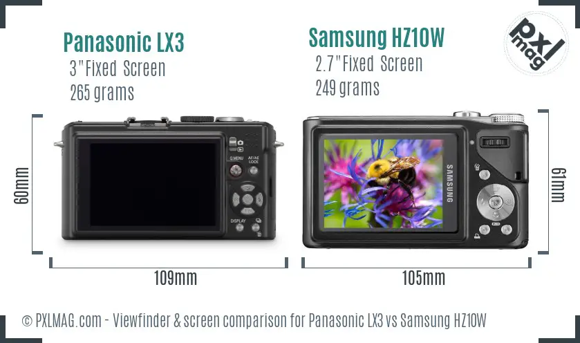 Panasonic LX3 vs Samsung HZ10W Screen and Viewfinder comparison