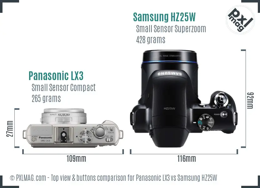 Panasonic LX3 vs Samsung HZ25W top view buttons comparison Panasonic LX3 vs Samsung HZ25W top view buttons comparison