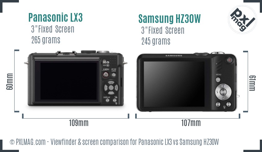 Panasonic LX3 vs Samsung HZ30W Screen and Viewfinder comparison