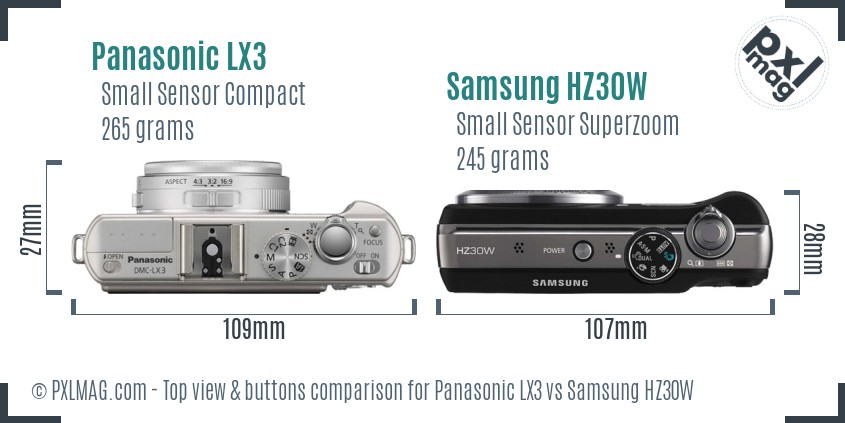 Panasonic LX3 vs Samsung HZ30W top view buttons comparison