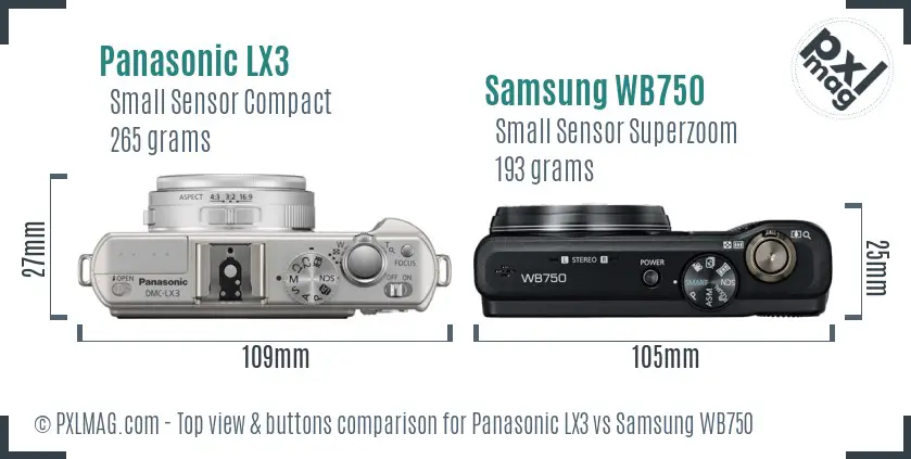 Panasonic LX3 vs Samsung WB750 top view buttons comparison