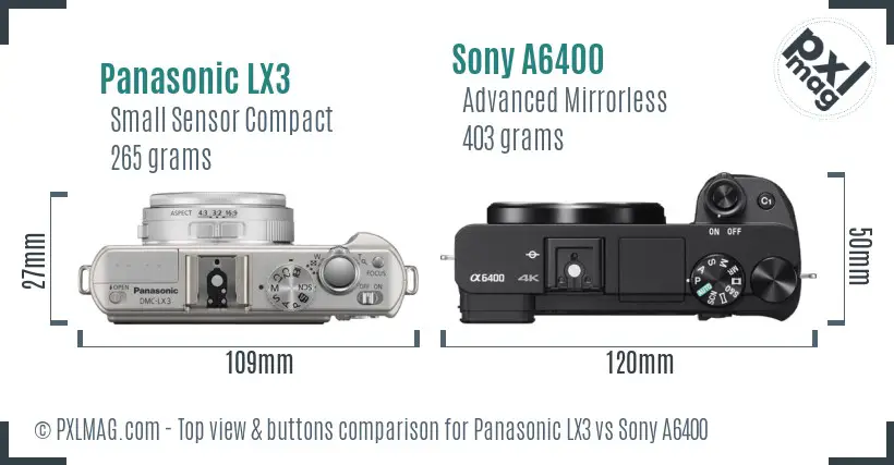 Panasonic LX3 vs Sony A6400 top view buttons comparison Panasonic LX3 vs Sony A6400 top view buttons comparison