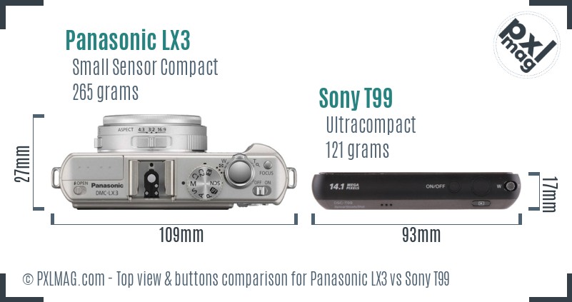 Panasonic LX3 vs Sony T99 top view buttons comparison