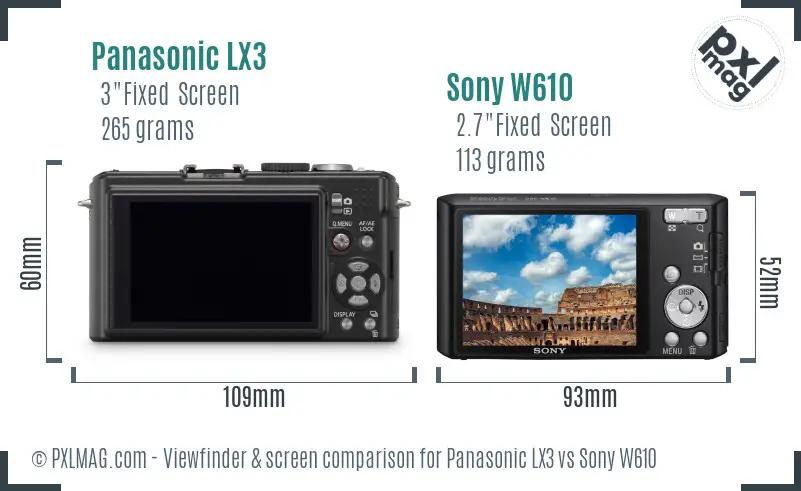 Panasonic LX3 vs Sony W610 Screen and Viewfinder comparison