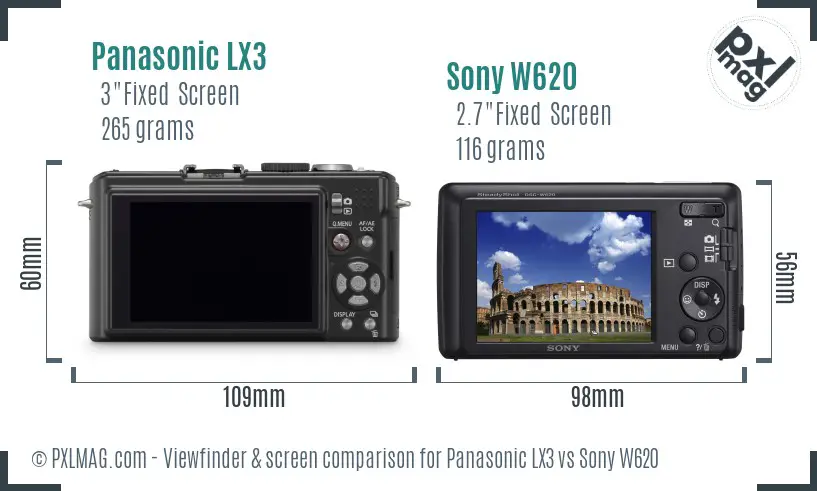 Panasonic LX3 vs Sony W620 Screen and Viewfinder comparison