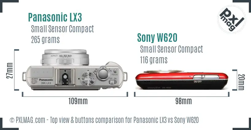 Panasonic LX3 vs Sony W620 top view buttons comparison