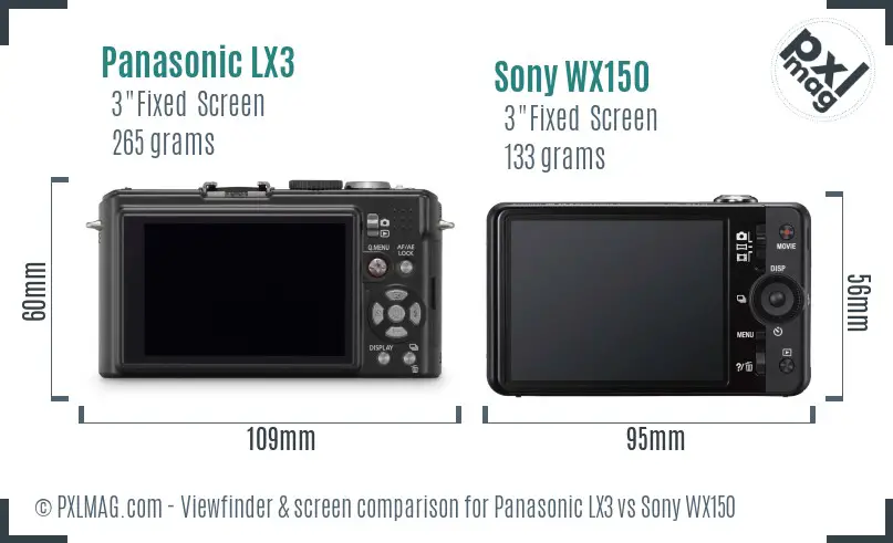 Panasonic LX3 vs Sony WX150 Screen and Viewfinder comparison
