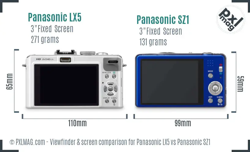 Panasonic LX5 vs Panasonic SZ1 Screen and Viewfinder comparison
