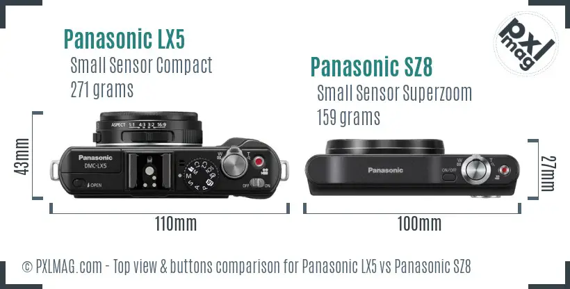 Panasonic LX5 vs Panasonic SZ8 top view buttons comparison