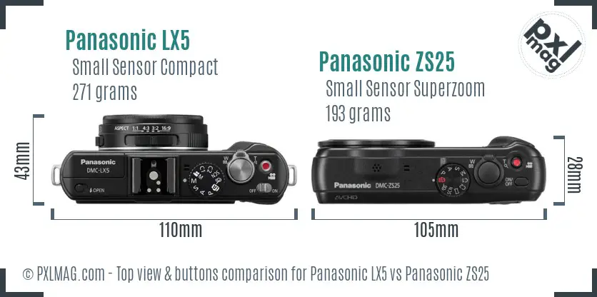 Panasonic LX5 vs Panasonic ZS25 top view buttons comparison