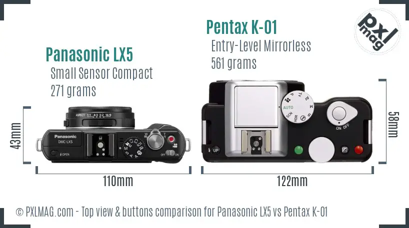 Panasonic LX5 vs Pentax K-01 top view buttons comparison