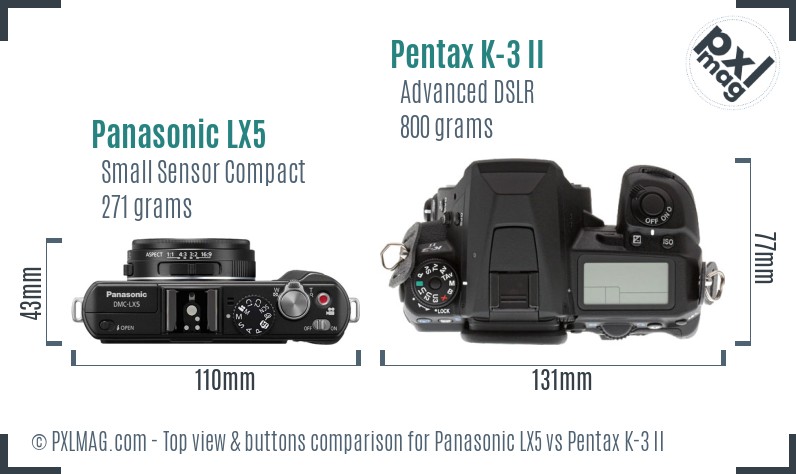 Panasonic LX5 vs Pentax K-3 II top view buttons comparison