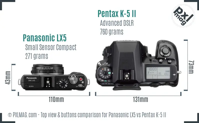 Panasonic LX5 vs Pentax K-5 II top view buttons comparison