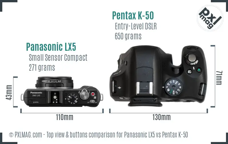 Panasonic LX5 vs Pentax K-50 top view buttons comparison