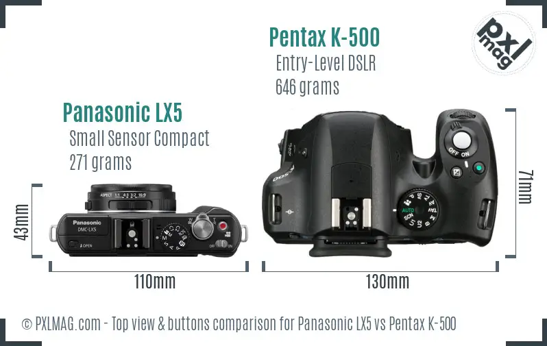 Panasonic LX5 vs Pentax K-500 top view buttons comparison