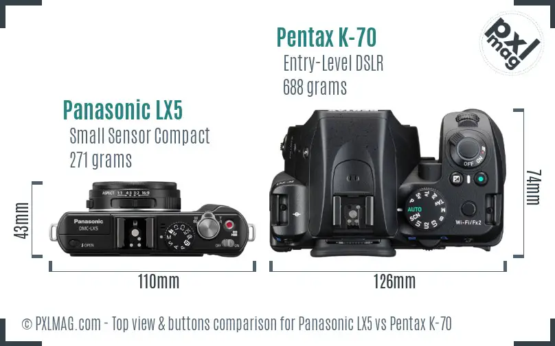 Panasonic LX5 vs Pentax K-70 top view buttons comparison