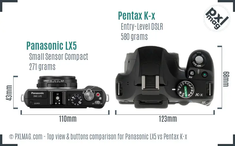 Panasonic LX5 vs Pentax K-x top view buttons comparison