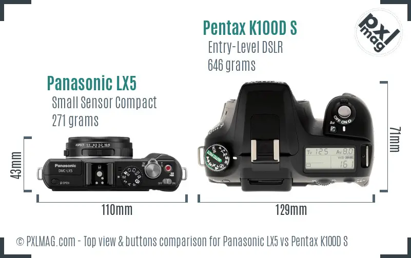 Panasonic LX5 vs Pentax K100D S top view buttons comparison