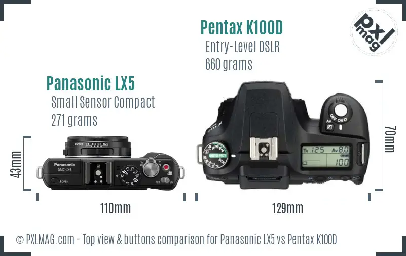 Panasonic LX5 vs Pentax K100D top view buttons comparison
