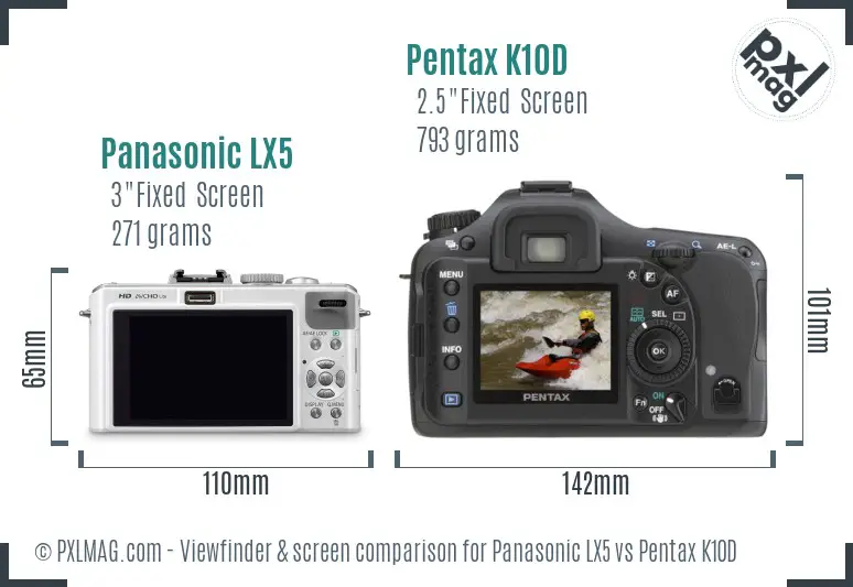 Panasonic LX5 vs Pentax K10D Screen and Viewfinder comparison