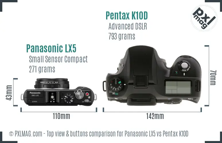 Panasonic LX5 vs Pentax K10D top view buttons comparison