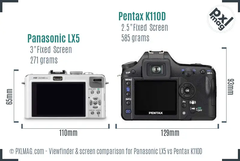 Panasonic LX5 vs Pentax K110D Screen and Viewfinder comparison