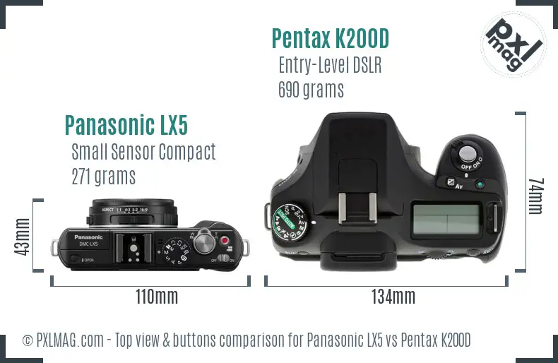 Panasonic LX5 vs Pentax K200D top view buttons comparison