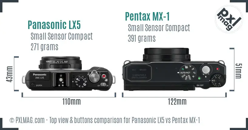 Panasonic LX5 vs Pentax MX-1 top view buttons comparison