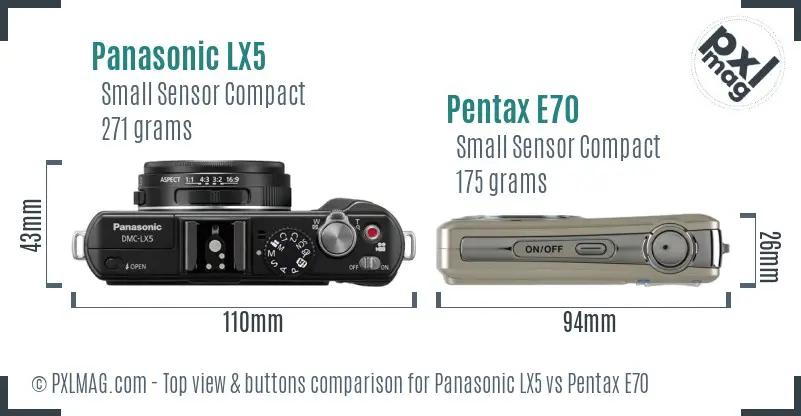 Panasonic LX5 vs Pentax E70 top view buttons comparison