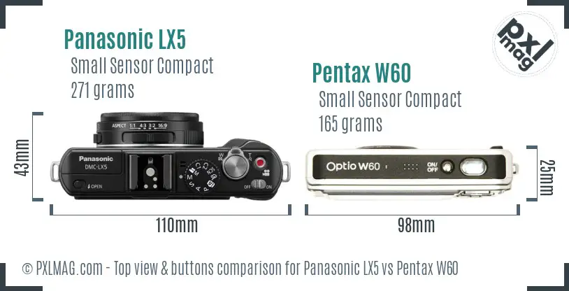 Panasonic LX5 vs Pentax W60 top view buttons comparison