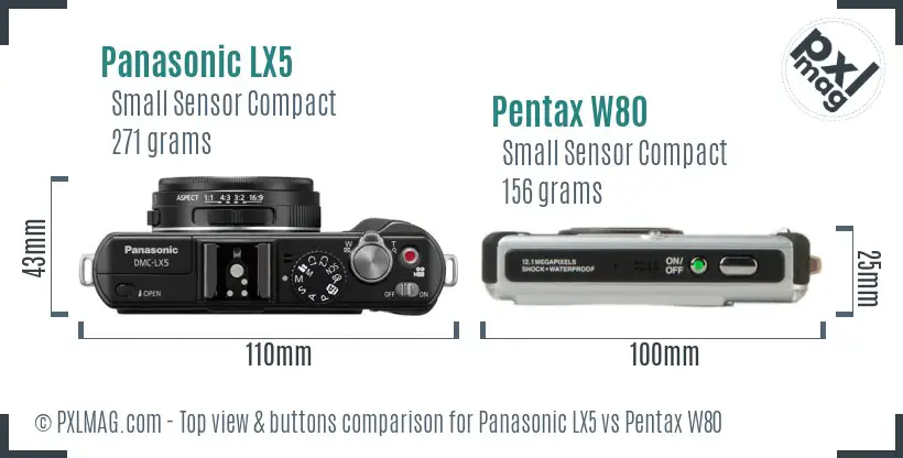 Panasonic LX5 vs Pentax W80 top view buttons comparison