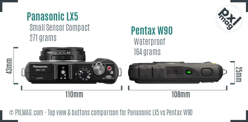 Panasonic LX5 vs Pentax W90 top view buttons comparison