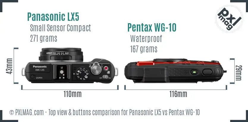 Panasonic LX5 vs Pentax WG-10 top view buttons comparison