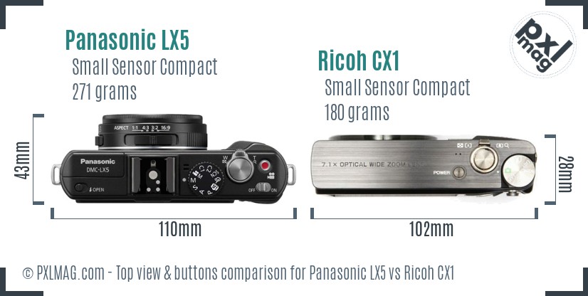 Panasonic LX5 vs Ricoh CX1 top view buttons comparison
