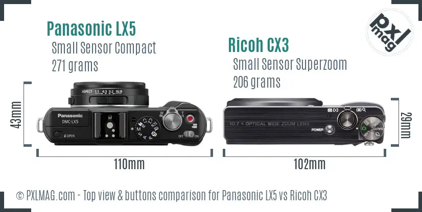 Panasonic LX5 vs Ricoh CX3 top view buttons comparison