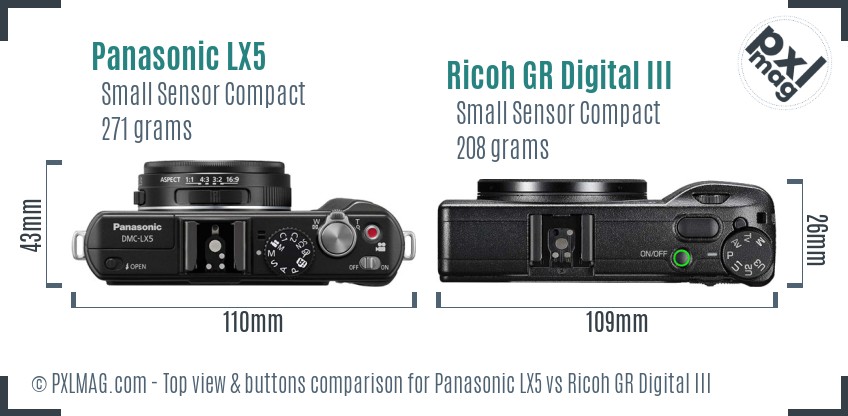 Panasonic LX5 vs Ricoh GR Digital III top view buttons comparison