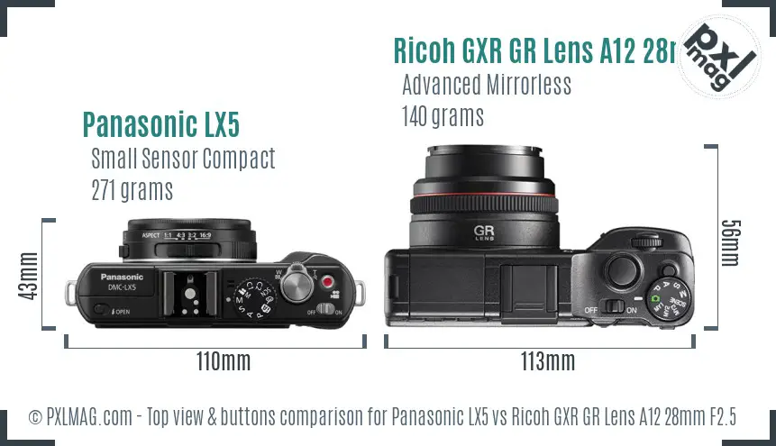 Panasonic LX5 vs Ricoh GXR GR Lens A12 28mm F2.5 top view buttons comparison