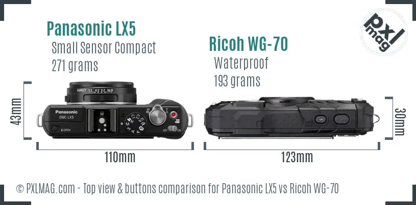 Panasonic LX5 vs Ricoh WG-70 top view buttons comparison