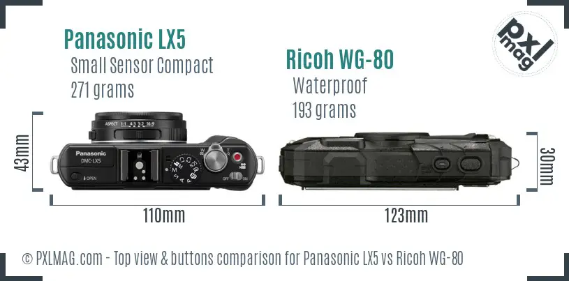 Panasonic LX5 vs Ricoh WG-80 top view buttons comparison Panasonic LX5 vs Ricoh WG-80 top view buttons comparison